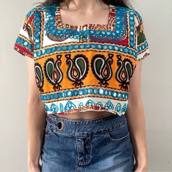 Blue and Yellow Short Sleeve Crop Blouse with Tie Front - Picture 4 of 13